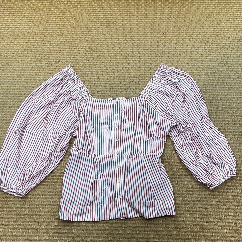 CAbi Carnival Bishop Sleeve Striped Top Red and White NWOT Size L